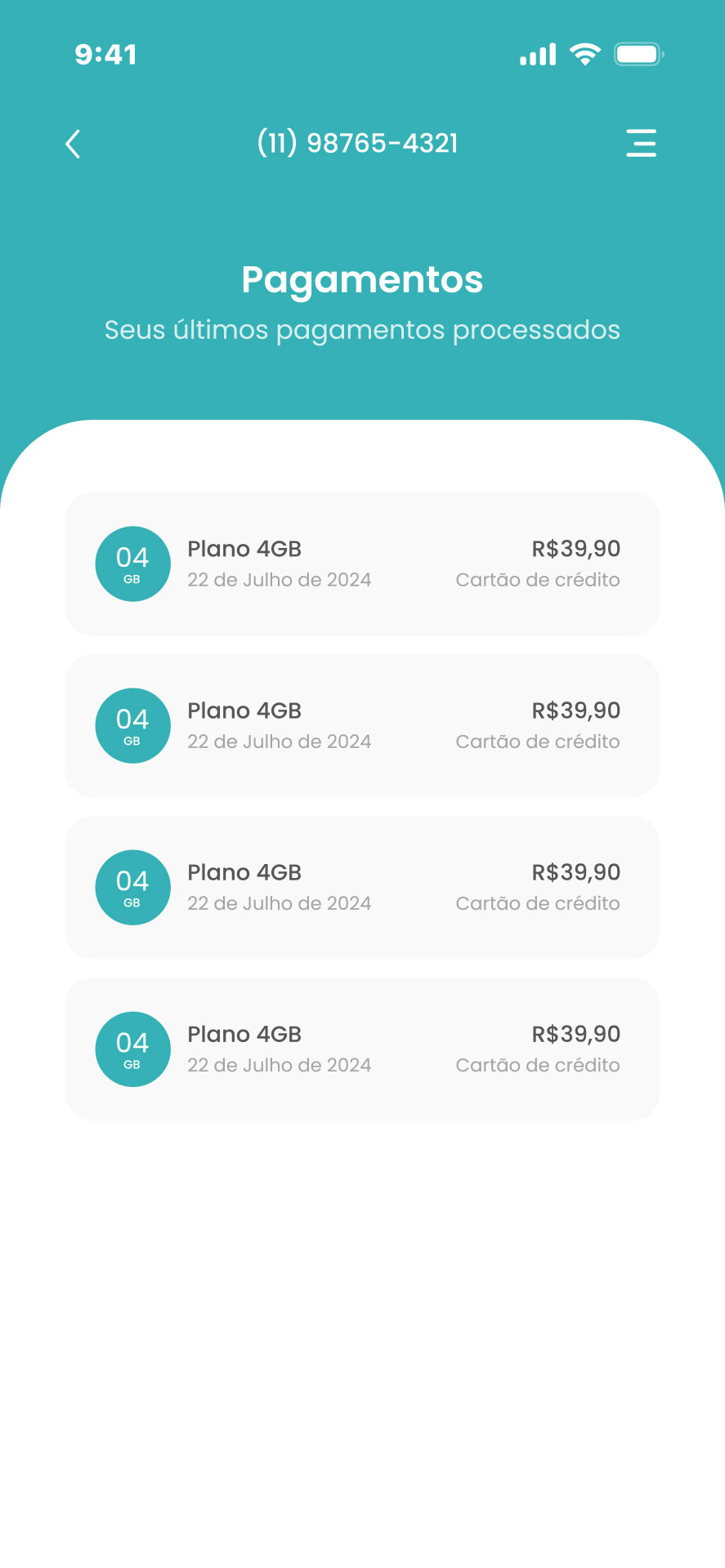 App Donna Conecta — Histórico de pagamentos