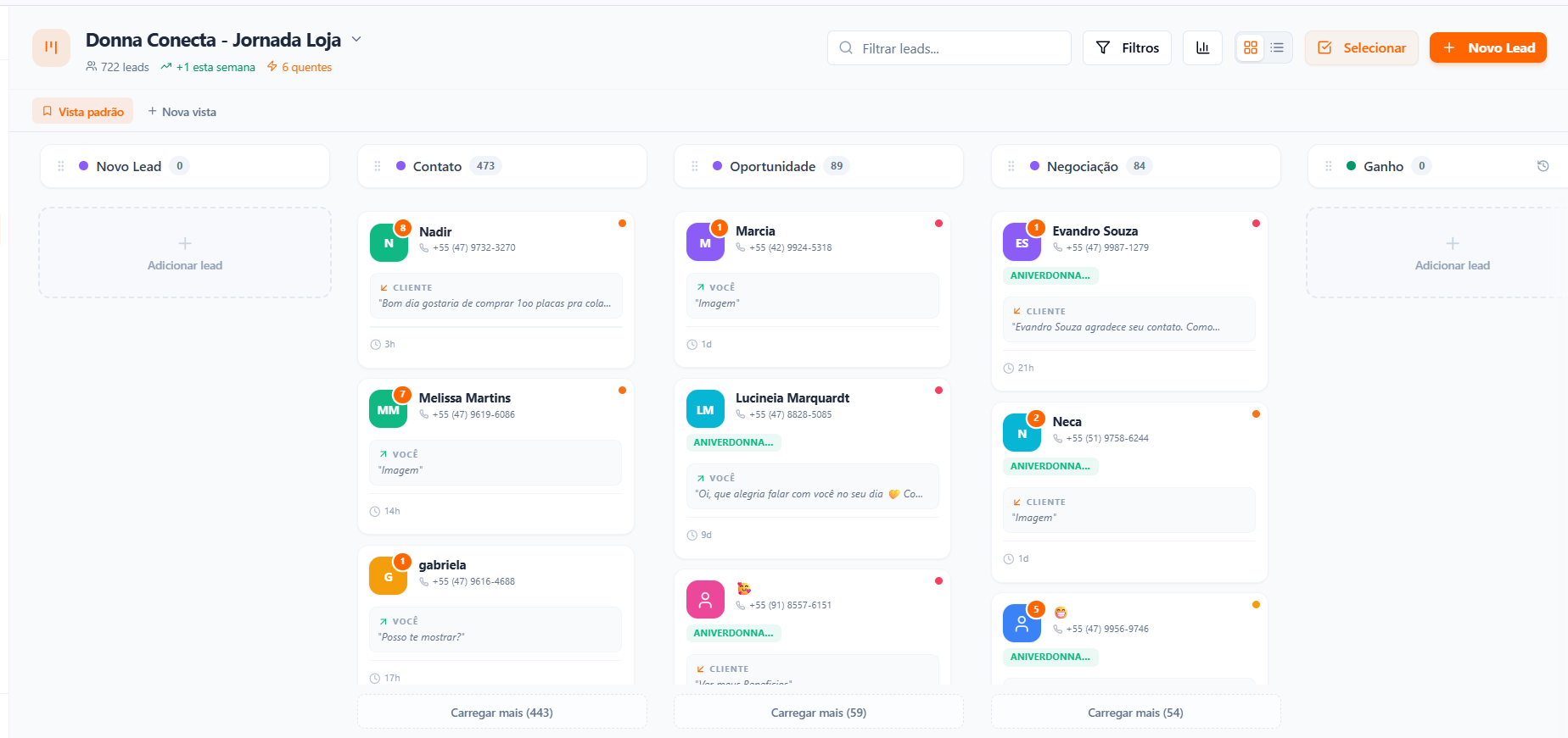 Kanban Donna Conecta · Jornada Loja no ConnectMe, com as colunas Novo Lead, Contato, Oportunidade, Negociação e Ganho.